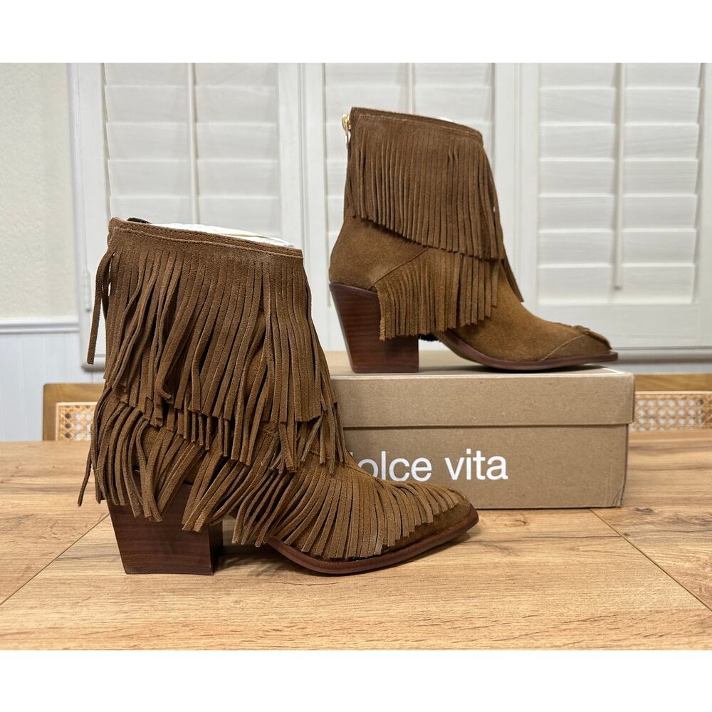 Dolce Vita Torey Boots Chestnut Suede Size 8 NIB Tiered Fringe Western Inspired - Picture 3 of 16